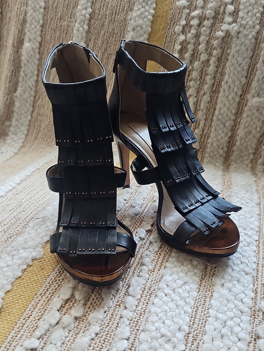 BCBGMaxAzria MA-Leigh Black Fringe Strappy High-Heel Sandals